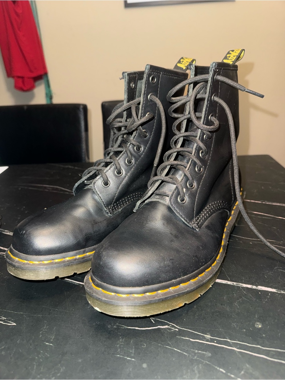 Dr. Martens Black Leather 8-Eye Lace-Up Boots with Yellow Stitching